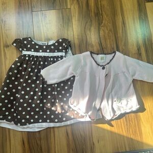 Carter's Pink Knit Cardigan with Brown Trim and Brown dress with Pink polka dots